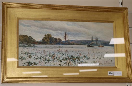 Alfred de Breanski, watercolour, tug boat on a river, signed and dated 1882, 26 x 55cm